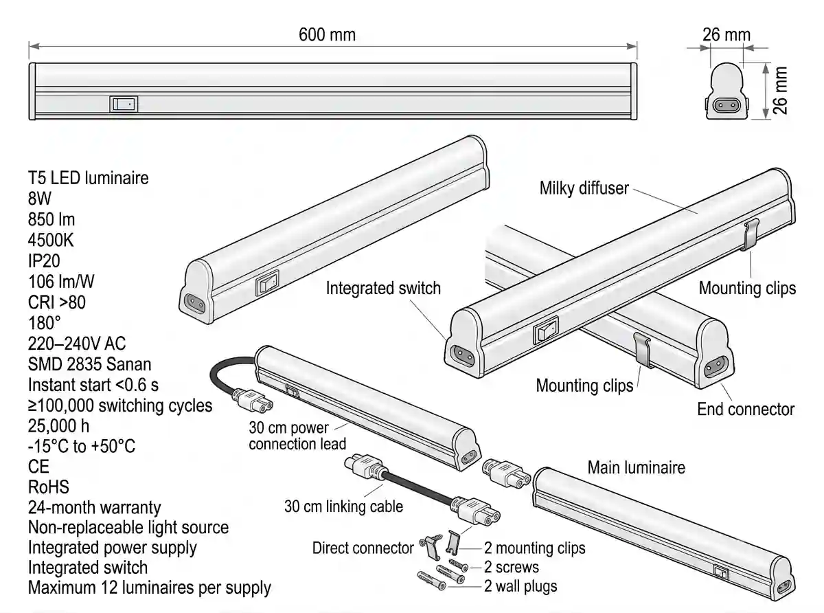 Detail plastového těla svítidla T5 s vyznačenými rozměry 600 a 26 mm